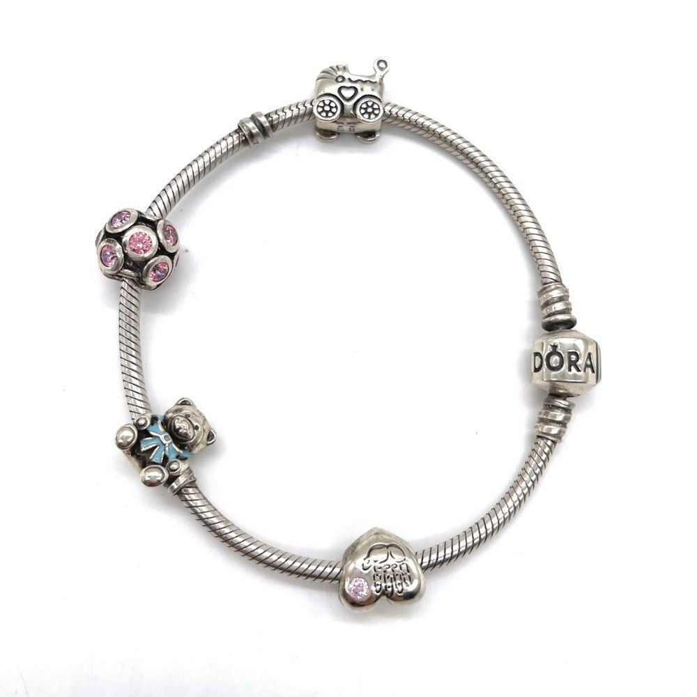 Pandora Charm Bracelet with 4 charms Babycarriage HeartTeddyBear/Pink Ball
